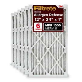 Filtrete 12x24x1 AC Furnace Air Filter, MERV 11, MPR 1000, Micro Allergen Defense, 3-Month Pleated 1-Inch Electrostatic Air Cleaning Filter, 6 Pack (Actual Size 11.69x23.69x0.81 in)