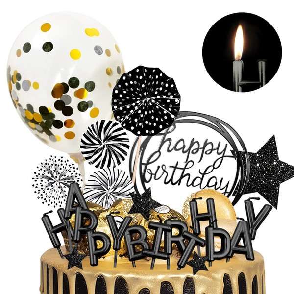MOVINPE Decoración negra para tartas con velas de feliz cumpleaños, pancarta de cumpleaños, globo de confeti, abanicos de papel, estrella con purpurina, decoración de fiesta temática negra, fiesta de cumpleaños