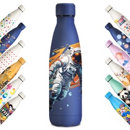 KollyKolla Stainless Steel Drinking Bottle, 500 ml, 3D Print Drinking Bottle, Sports Bottle, Suitable for Carbonated Drinks, Leak-Proof Thermos Flask, BPA-Free, Drinking Bottles for Children, School,