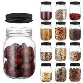 novelinks Plastic Jars with Lids 16oz, Clear 16 oz Mason Jars with Lids, Airtight & Leak-Proof Reusable Storage Jars for Kitchen and Home Use (Black,12 Pack)