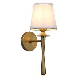 PERMO Vintage Wall Sconce with Flared White Textile Lamp Shade Classic Antique Gold Sconce Hardwired E26 Base Wall Light for Bedroom Living Room Hallway Foyer
