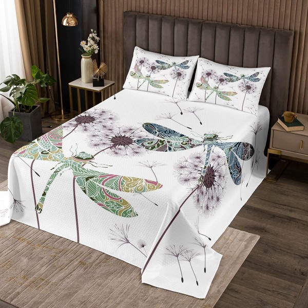 Dragonfly Gifts For Women, Dandelion Floral Quilt Set Queen, Dragonflies Flying Animals Bedspread Set For Lady Girls, Botanical Blossom Petal Coverlet Set, Colorful Dragonfly Wings Bed Set All Season