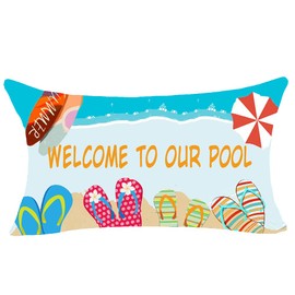 FELENIW Welcome to Our Pool Hello Summer Flip Flops Ocean Beach Happy Holiday Lumbar Throw Pillow Cover Cushion Case Cotton Linen Material Decorative 12X20 inches