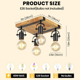 SEEBLEN Farmhouse Wooden Flush Mount Ceiling Lamp,4-Light Directional Ceiling Spotlight Track Light Kits,Rustic Farmhouse Kitchen Light Fixtures for Kitchen Bathroom Bedroom Hallway.
