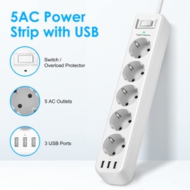 JSVER Steckdosenleiste 5 Fach mit 3 USB Ladeanschlüsse, Mehrfachsteckdose Wandmontage(16A) Steckerleiste Wandmontage Überspannungsschutz mit Schaltbar 1,8M Kabel für Smartphones, Laptop, iPAD–Weiß