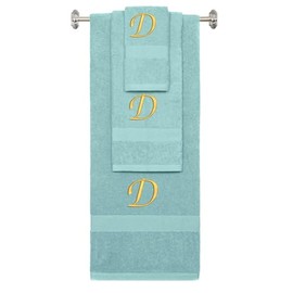 BY LORA Custom Embroidered Terry Cotton Ring Spun Bath Towel, Hand Towel and Washcloth Set - Nautical Teal Towel Set, Gold Chancery Initial D