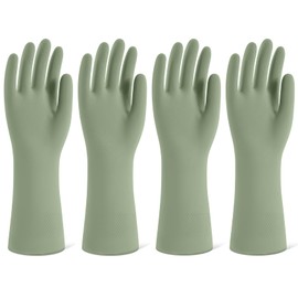 Rubber Cleaning Gloves for Dishwashing, 4 Pairs Reusable Kitchen Gloves for Washing Dishes and Household Cleaning, Green Dish Gloves with Flocked Lining and Non-Slip Grip, Pefect for Woman Men - S
