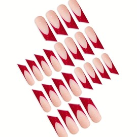 24 Pcs Red French Tip Press on Nails Long Fake Nails with Glue Lipstick shape False Nails with Design Glossy Full Cover Acrylic Nails Press ons Holiday Glue on Nails Reusable Stick on Nails for Women