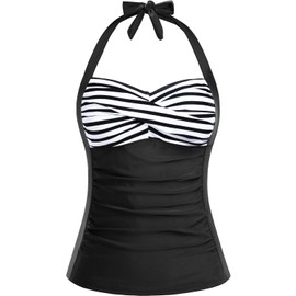 Women Tankini Bathing Suit Top - Halter Swim Tops Only Tummy Control No Bottom Swimwear, Stripe and Black, Medium