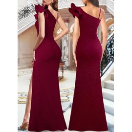 VFSHOW Womens Elegant Ruffle One Shoulder Strap Formal Prom Wedding Maxi Dress 2023 Sweetheart Ruched High Split Cocktail Sparkly Evening Long Gown (Dark Red, Medium) 10753 BUR M