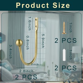 Curtain Tie Backs Hooks - 2 Pcs Metal Curtain Holdbacks, Wall Mounted Drapery Tiebacks with Screws, Retro Window Hook for Living Room, Bedroom and More (Golden)