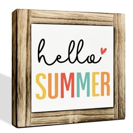 Hello Summer Sign, Wood Box Sign Desk Decor, Front Door Decoration for Shelf, Colorful Summer Decoration Signs for Home, Farmhouse Home Decors, Rustic Tabletop Decor Signs 5.9×5.9inches