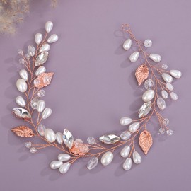 Teyglen Leaf Bride Wedding Headband Rose Gold Leaf Hair Vine Handmade Crystal Pearl Hair Piece Bridal Headpiece Rhinestone Hair Accessories for Women (Rose gold)