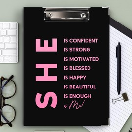 Ku-dayi Inspirational Positive Clipboard Padfolio with Storage Pocket, She is Me Motivational Affirmations Low Profile Clip Boards for Nurse Office Classroom, Gifts for Women Girls, 12.4 x 9.25 in
