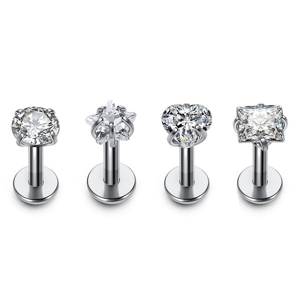Jovivi 4pcs Multi-Shape Stainless Steel 4mm Clear Cubic Zircon Lip