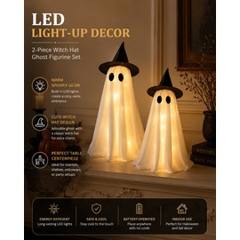 LED Witch Hat Ghost Figurines for Halloween Decor – 2-Piece Light-Up Table Centerpiece for Mantel, Dining & Party Displays