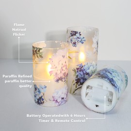 GORGE MOMENT Flameless Candles LED Flicker with Remote DIM Blue Violet Hydrangea Love Theme Spring Summer Decorative Glass Decor Wedding Date Proposal Dinner Table Home Thanksgiving Gift for Lover