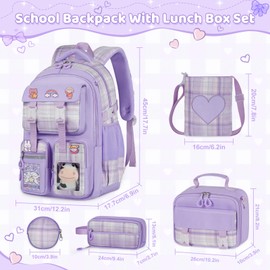Aomutrsn Girls School Backpack with Lunch Box, 5pc Cute Purple Kawaii Bookbag for Kids Teens, Aesthetic Elementary Backpack