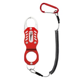 FOUMESU Stainless Steel Mini Fish Grip Tool, Portable Fishing Pliers with Retractable Lanyard and Carabiner, Self-Locking Rustproof Lip Gripper for Kayak Saltwater Freshwater Fishing (RED)
