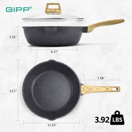 GiPP Nonstick Deep Frying Pan - 11 Inch Saute Pan with Lid Granite Induction Cookware, 4.5Qt Non Stick Working Pan Skillet, PFOA PFOS APEO Free, Grey