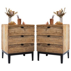 Wnutrees Farmhouse Nightstand Solid Wood Bedside Table with 3-Drawers Bedside End Tables Storage for Living Room, Hallway, Handmade Distressed, Natural, Set of 2