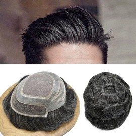 Hair Wonders Toupee For Men 100% European Remy Human Hair Piece For Men Undetectable Hair Replacement System For Men Toupee Men Hair Prosthesis 8X10 Medium light density#1B20 1B# OFF BLACK+20% GREY