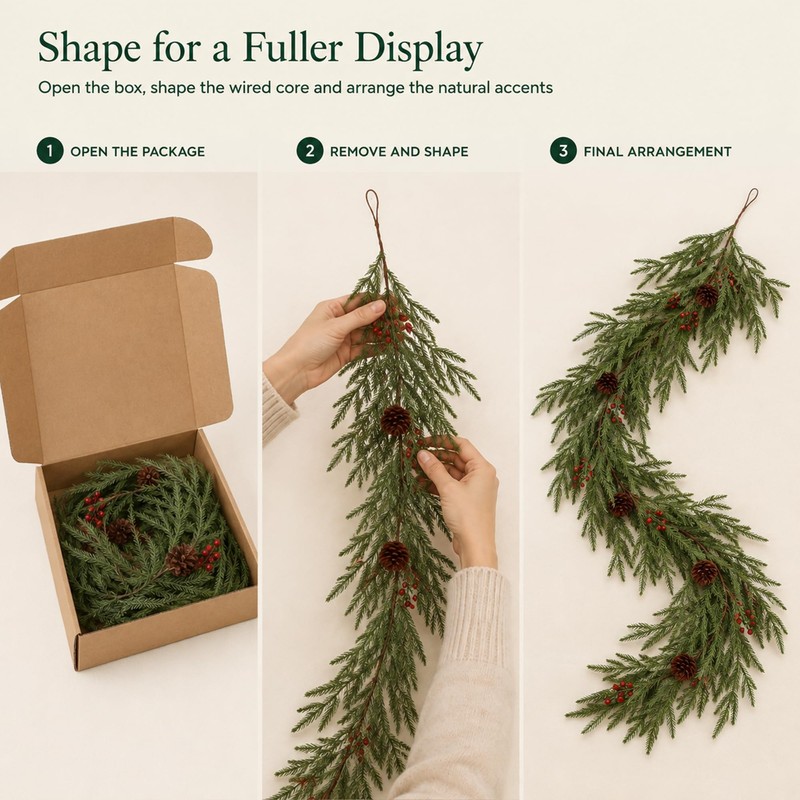 6FT Artificial Christmas Garland, Norfolk Pine with Berries and Pinecones