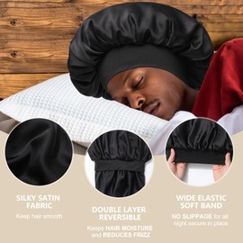 Satin Bonnet for Men Sleeping 2 Layer Silk Hair Bonnets with Wide Band Reversible Nightcap for Unisex Sleep Cap Hair Wrap (Black/Black)