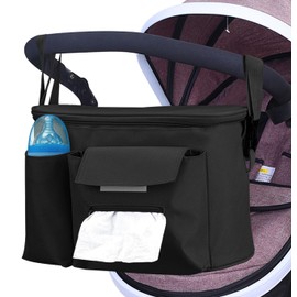 Capacity Pram Organiser Buggy Organiser Bag Universal Baby Buggy Bag Mummy Pram Bags with Cup Holders and Shoulder Strap Waterproof Pushchair Bag Handbag Backbag Pram Accessories Fit All Buggy (Black)