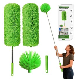 Cobweb Duster with Extension Pole, Washable Cleaning Duster Kit with 3 Duster Heads, Cobweb Duster, Corner Brush, Aluminum Telescoping Pole for high Ceiling Fan，Spider Web Brush with Extension Pole
