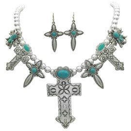 Gypsy Jewels 7 Cross Western Style Simulated Turquoise Necklace & Earrings Set (Silver Tone)