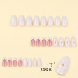 Flower Press on Nails 3D Fake Nails Short Almond False Nails with White French Tip Design Stick on Nail Glossy Full Cover Artificial Acrylic Glue on Nail for Women Nails Art Decoration 24Pcs