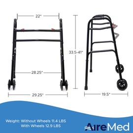 AireMed Bariatric Walker with 5" Wheels – Folding Walker Skis Glides Included - Extra Wide 600 lb Capacity - Adjustable Height - Sturdy Black Steel Frame - Ideal for Seniors and Mobility Support