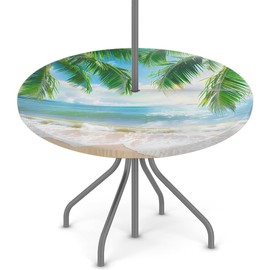 Peaom Tropical Beach Coconut Tree Outdoor Tablecloth with Umbrella Hole, Round Elastic Fitted Table Cloth with Zipper, Waterproof Picnic Patio Table Covers Fits 36-44 in Tables
