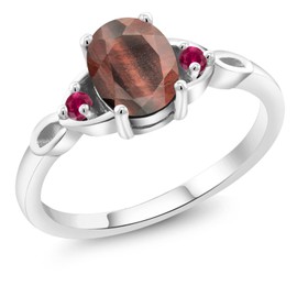 Gem Stone King 925 Sterling Silver Red Tiger Eye and Red Created Ruby 3-Stone Rings For Women (1.35 Cttw, Gemstone, Oval 8X6MM, Available In Size 5, 6, 7, 8, 9)