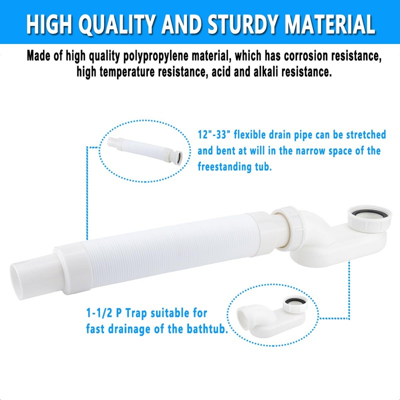 Cinsda Bathtub Shower Drain Pipe, Low Profile Flat 1 1/2