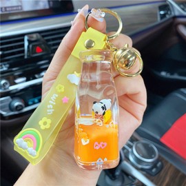 ICI-Rencontrer Cute Kawaii Floating Cartoon Panda Wishing Bottle Design Backpack Car Key Pendant Kids Girls Women Handbag Wallet Clear Acrylic Glitter Liquid Keychain (Orange)