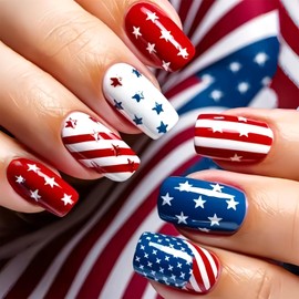 Independence Day False Nails Medium 4th of July Press on Nails With Stripes Stars Full Cover Glue on Nail American Flag Glossy Fake Nails Reusable for Women 24Pcs