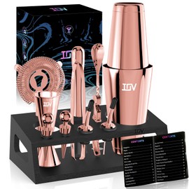 IOV Cocktail Shaker Set: 12-Piece Mixology Bartender Kit Bar Set | 18oz & 28oz Boston Shaker Drink Mixing Tools for Home with Recipe Booklet and Stand | Fun Housewarming Gift (Rose Gold)
