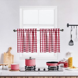 Bapawfish Red Burgundy Buffalo Plaid Check Tier Curtains 24 Inches Long for Kitchen，Gingham Farmhouse Rod Pocket Half Window Cafe Curtains Bathroom for Window, 28" x 24", Red/White, Set of 2