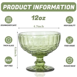 Glass Ice Cream Bowls - Set of 6, Green Small Glass Bowls, Green Vintage Pressed Pattern Glass Ice Cream Cups/Dessert Bowls for coconut peach ice cream Fruit Pudding Trifle Parfait(12 Oz, Serpentine)
