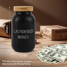 Laundry Room Coin Bank, Funny Laundered Money Tip Jar, Glass Mason With Money Slot and Bamboo Lid, Rustic Piggy Bank for Farmhouse Style Home Decor (Black)