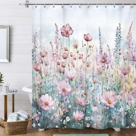 Boho Floral Shower Curtain, Colorful Pink Romantic Watercolor Flower Fabric Shower Curtains Set, Plants Nature Scenery Bathroom Accessories Set, 72x72 inch with Hooks