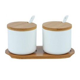 OnePine Set of 2 Ceramic Spice Jars Salt Pot Ceramic Sugar Bowl Spice Jars with Spoon and Bamboo Lid for Tea Sugar Salt Spices