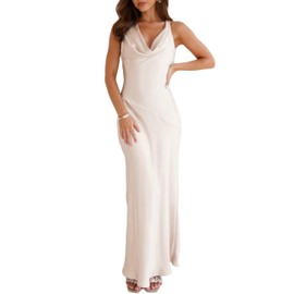 Satin Cowl Neck Sleeveless Backless Maxi Wedding Guest Dress Silk Open Back Tie Back Prom Formal Dresses for Women 2025 Champagne