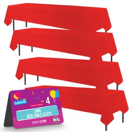 SOL 4pk Long Red Table Cloth Party | 274 x 137cm | Plastic Table Cover Party Table Cloth Disposable Tablecloths for Parties | Plastic Tablecloth | Red Disposable Tablecloth | Red Plastic Table Cloth