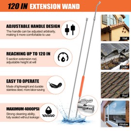 120" Gutter Cleaning Tools From the Ground, Pressure Washer Extension Wand with 5 Power Washer Nozzle Tips Replacement Pressure Washer Lance Wand with 30°/90°/120°Gutter Cleaner Attachment Curved Rods
