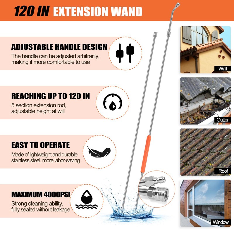 120" Gutter Cleaning Tools From the Ground, Pressure Washer Extension