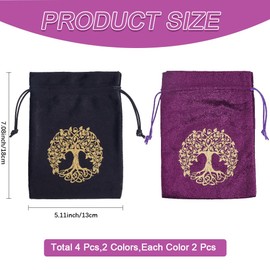 CREATCABIN 4 Packs Tarot Storage Bag Thick Velvet Packing Pouches Tree of Life Symbol Drawstring Bag Black Protective Card Board Game Embroidery for Tarot Dice Card Jewelry Crystal Pouch 7x5.1 Inch