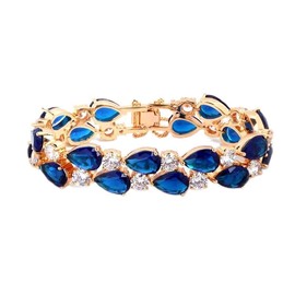 Treasure Bay Gold Plated CZ Crystal Bracelet for Women, Elegant Rose Gold Bangle with Fold Over Clasp, Luxury Jewellery Gift (Blue, 17.5 Cm)
